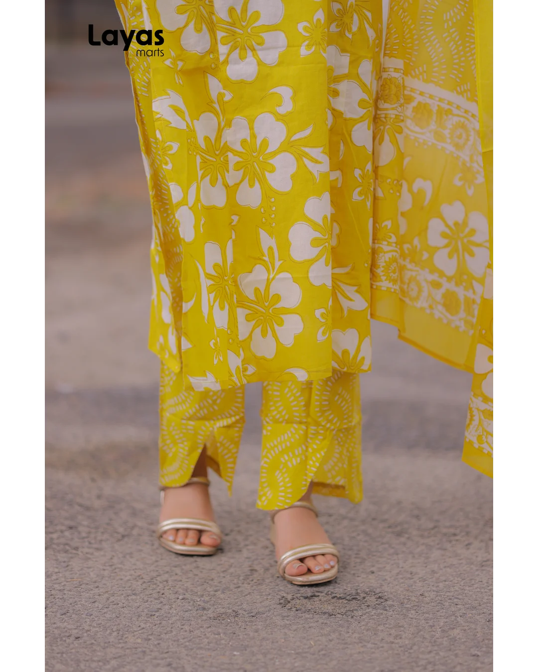 Yellow Cotton Floral Printed Sleeveless Kurta Set with Dupatta