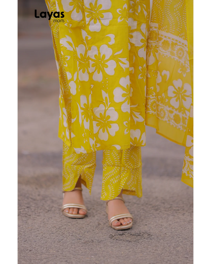 Yellow Cotton Floral Printed Sleeveless Kurta Set with Dupatta