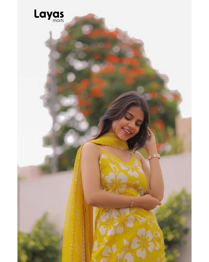 Yellow Cotton Floral Printed Sleeveless Kurta Set with Dupatta