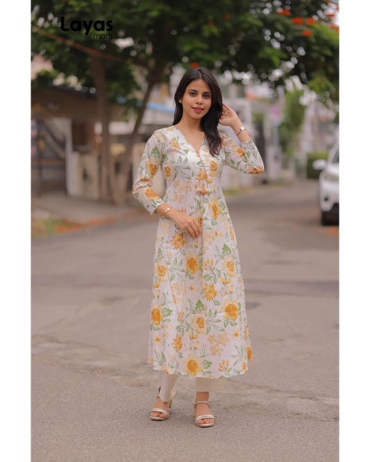 Ivory Floral Cotton Kurta Pant Set