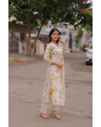Ivory Floral Cotton Kurta Pant Set