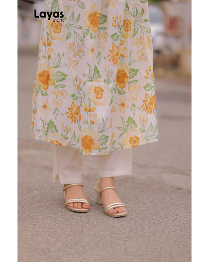 Ivory Floral Cotton Kurta Pant Set