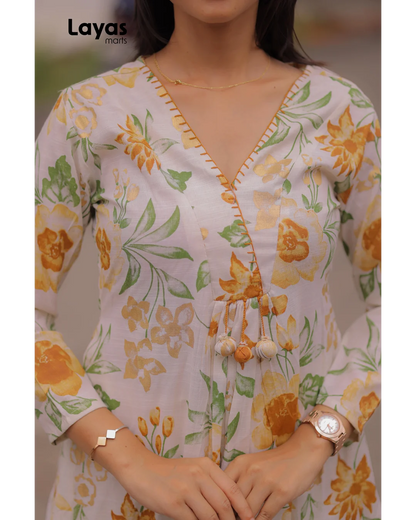 Ivory Floral Cotton Kurta Pant Set