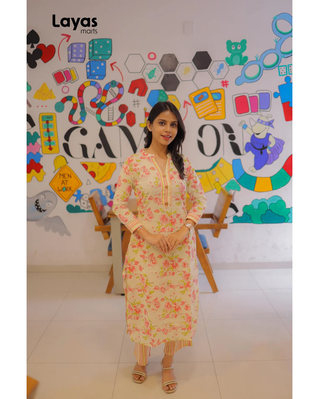 Cream Blush Pink Floral Cotton Kurta  Pant Set