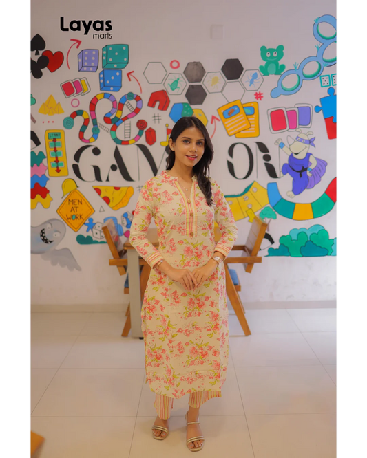 Cream Blush Pink Floral Cotton Kurta  Pant Set