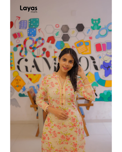 Cream Blush Pink Floral Cotton Kurta  Pant Set