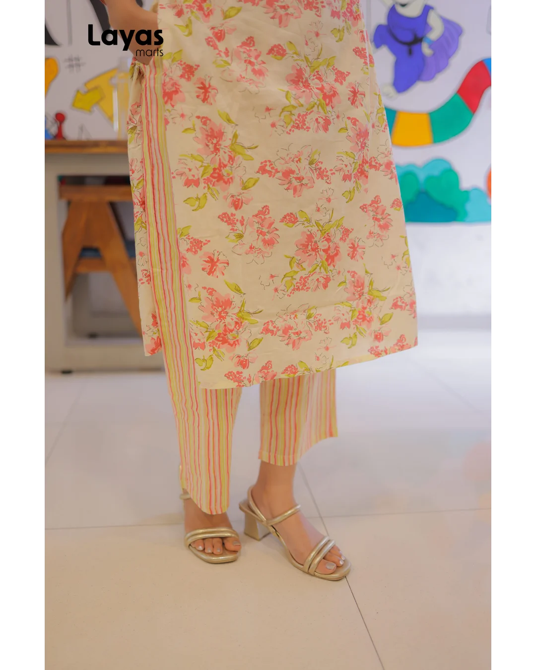 Cream Blush Pink Floral Cotton Kurta  Pant Set