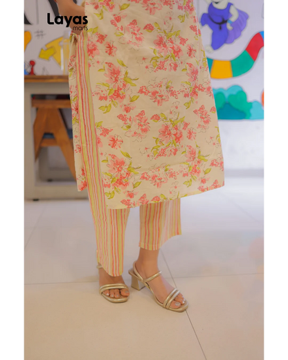 Cream Blush Pink Floral Cotton Kurta  Pant Set