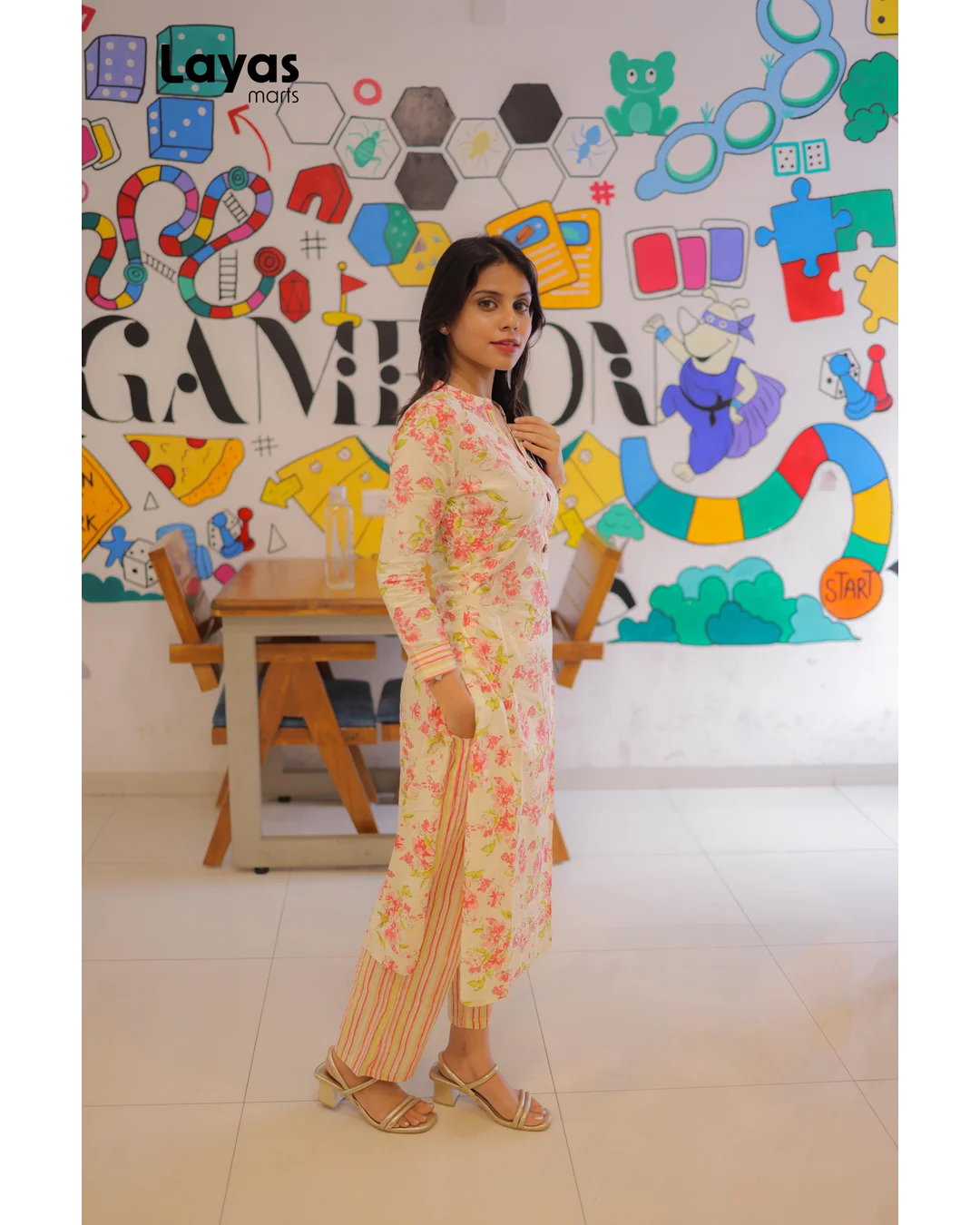 Cream Blush Pink Floral Cotton Kurta  Pant Set