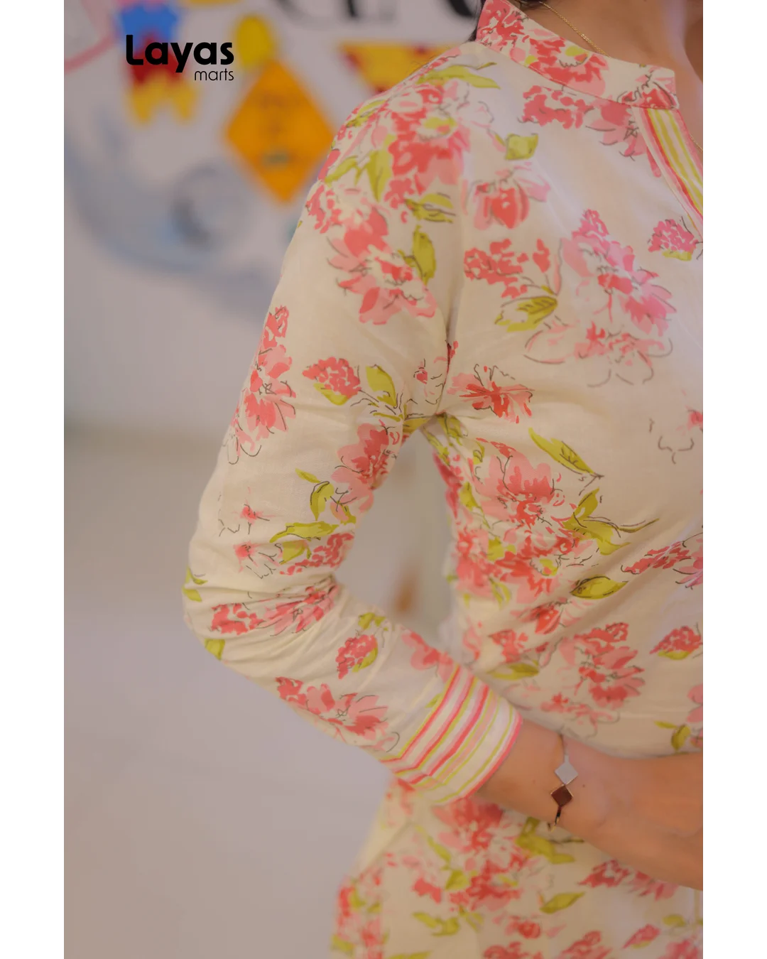 Cream Blush Pink Floral Cotton Kurta  Pant Set