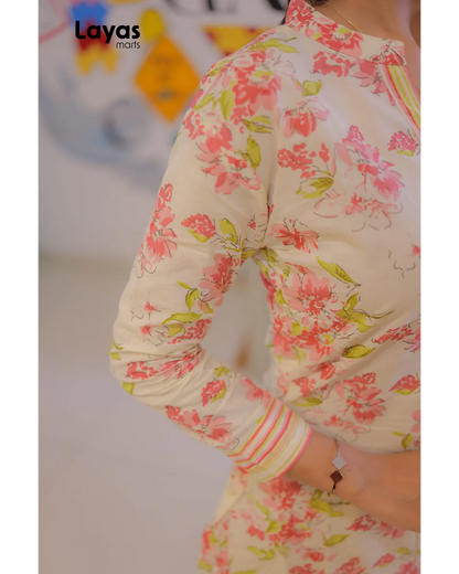 Cream Blush Pink Floral Cotton Kurta  Pant Set