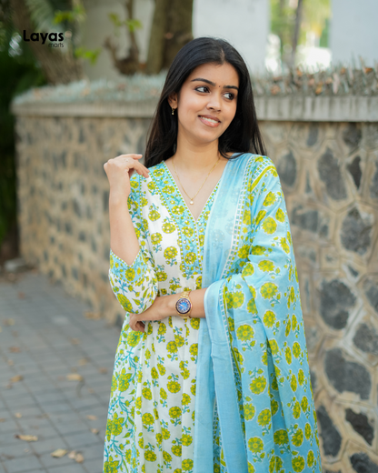 Ziya Lime Bloom Anarkali Cotton Set – by Layas Marts