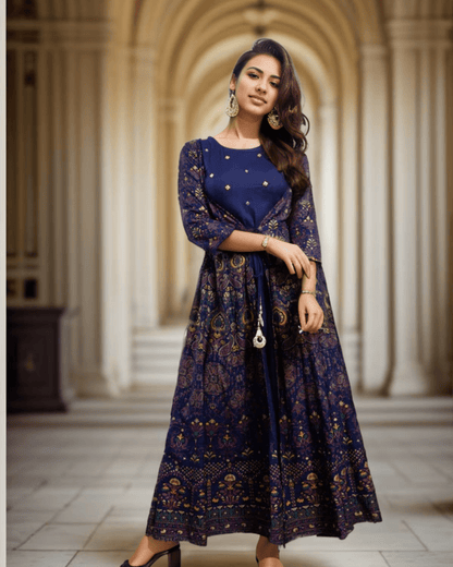 Ethnic Anarkali kurta with classic paisley print, ideal for pairing with traditional accessories and elegant footwear for a royal look