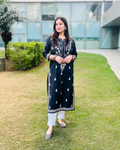 Black Lucknow Chikankari Kurta Pant Set with floral embroidery, available at Layas Marts