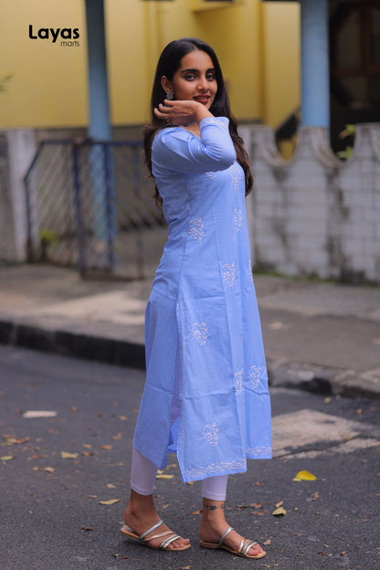 Side look  showcasing straight silhouette of blue chikankari kurta – Layas Marts