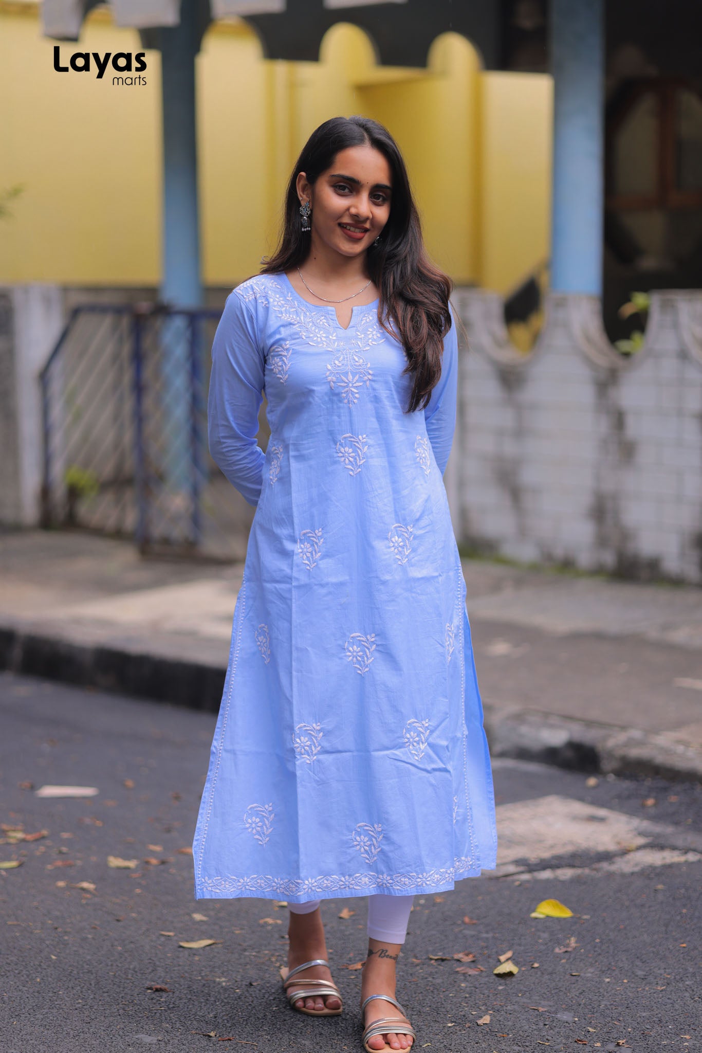 Blue cotton chikankari long kurta with hand embroidery – Layas Marts