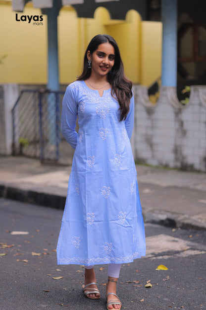 Blue cotton chikankari long kurta with hand embroidery – Layas Marts