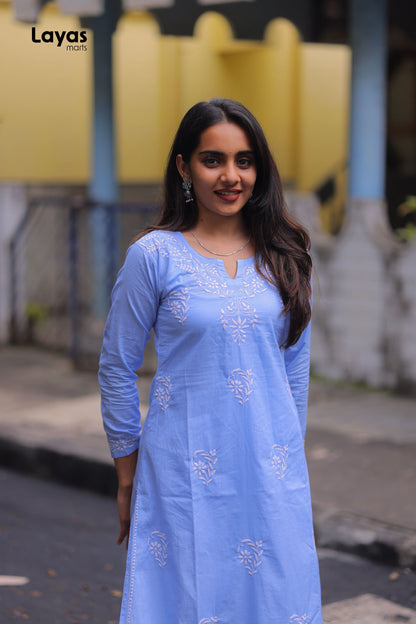 Model wearing blue cotton chikankari long kurta styled with palazzos – Layas Marts
