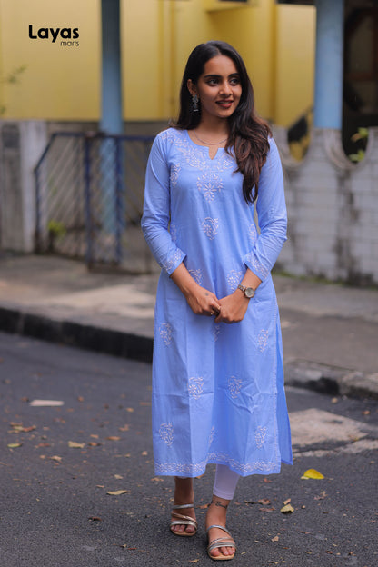Blue cotton chikankari kurta with hand embroidery – Layas Marts