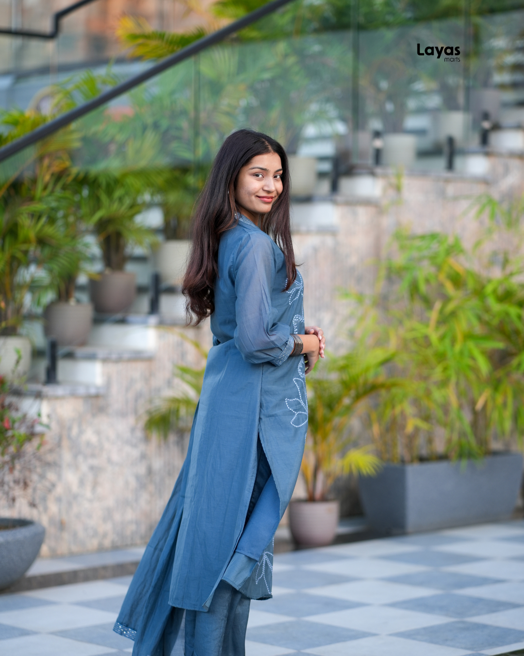 Back view showing the sheen and fall of Blue Grey Mul Chanderi Kurta Set