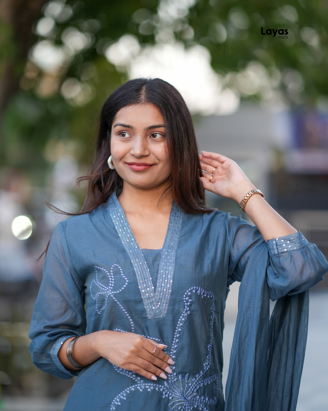 Close-up of floral thread embroidery and sequin detailing on Blue Grey Mul Chanderi Kurta – Layas Marts
