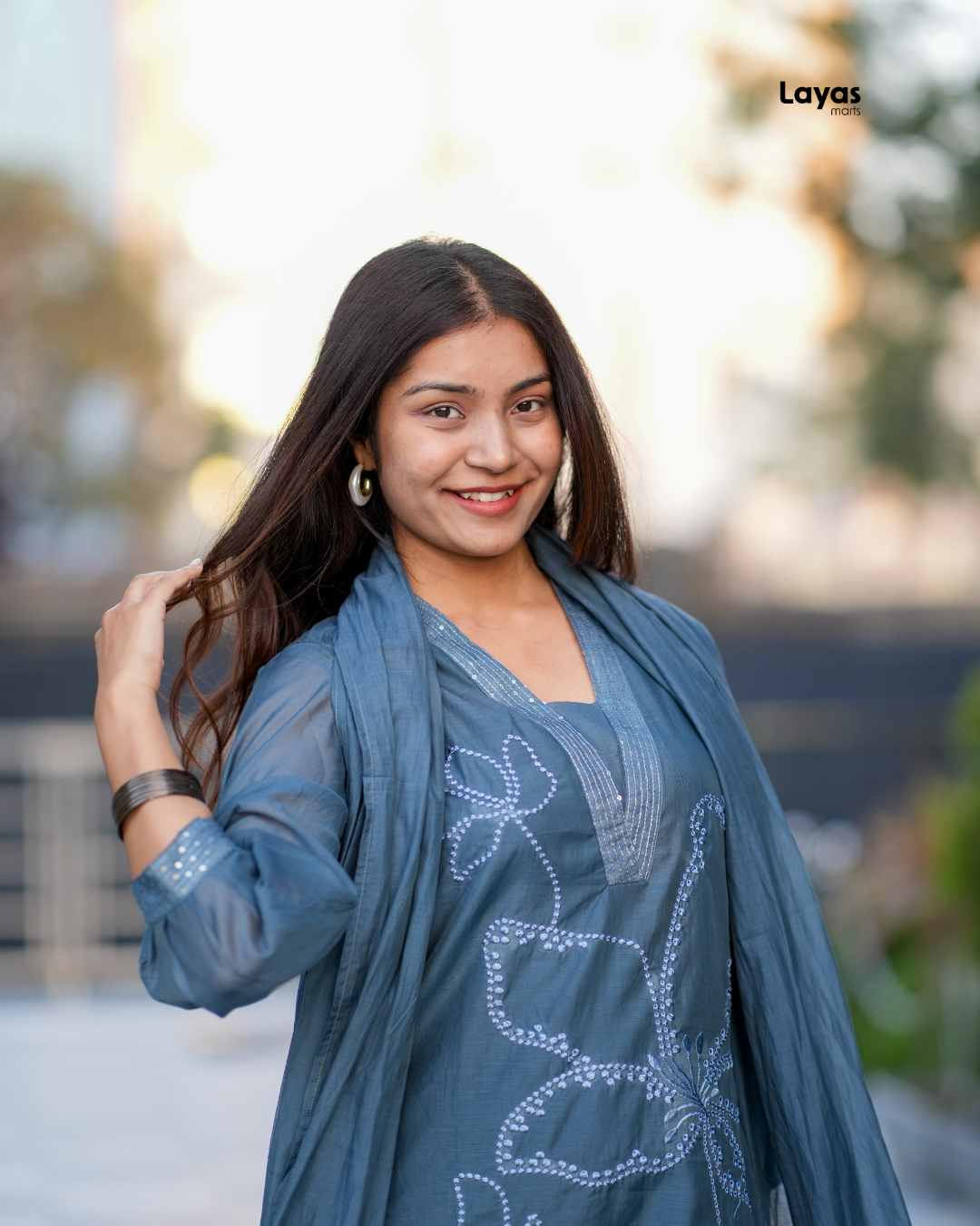 Detailed view of Mul Chanderi dupatta with sequin border from Blue Grey Kurta Set