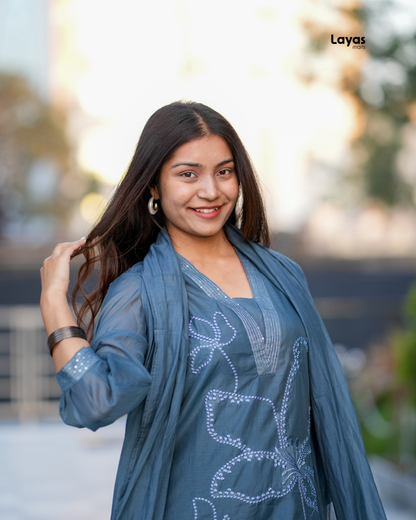 Detailed view of Mul Chanderi dupatta with sequin border from Blue Grey Kurta Set