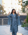 Front view of Blue Grey Mul Chanderi Embroidered Kurta Set with sequin dupatta – Layas Marts
