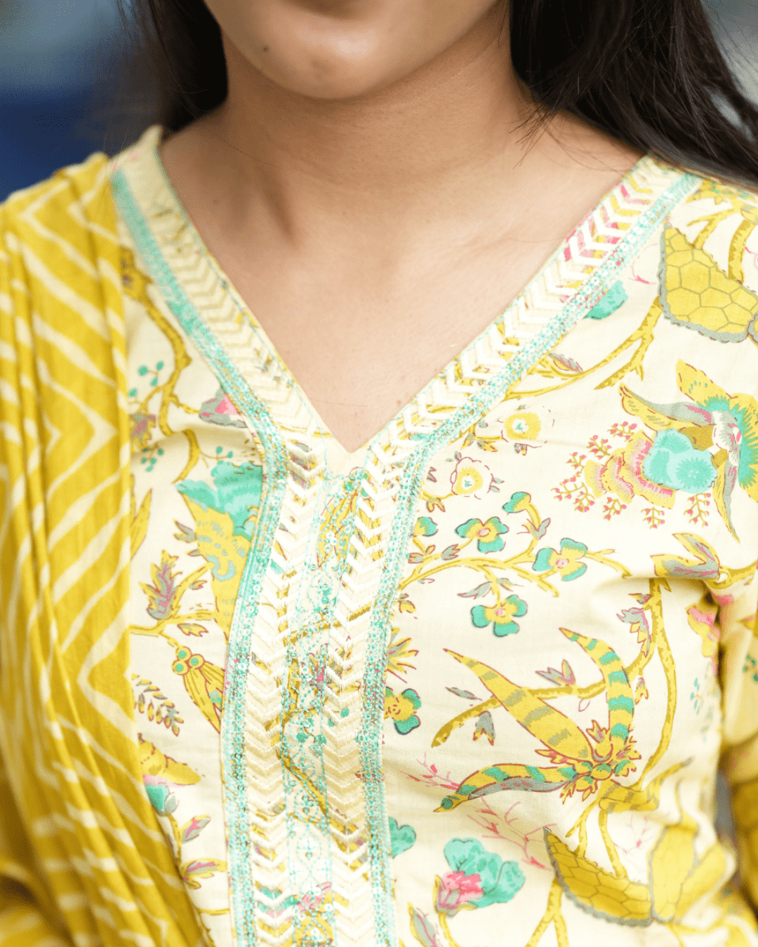 Coordinated lightweight dupatta paired with Yellow Floral Cotton Kurta Set, adding elegance to the ensemble from Layas Marts