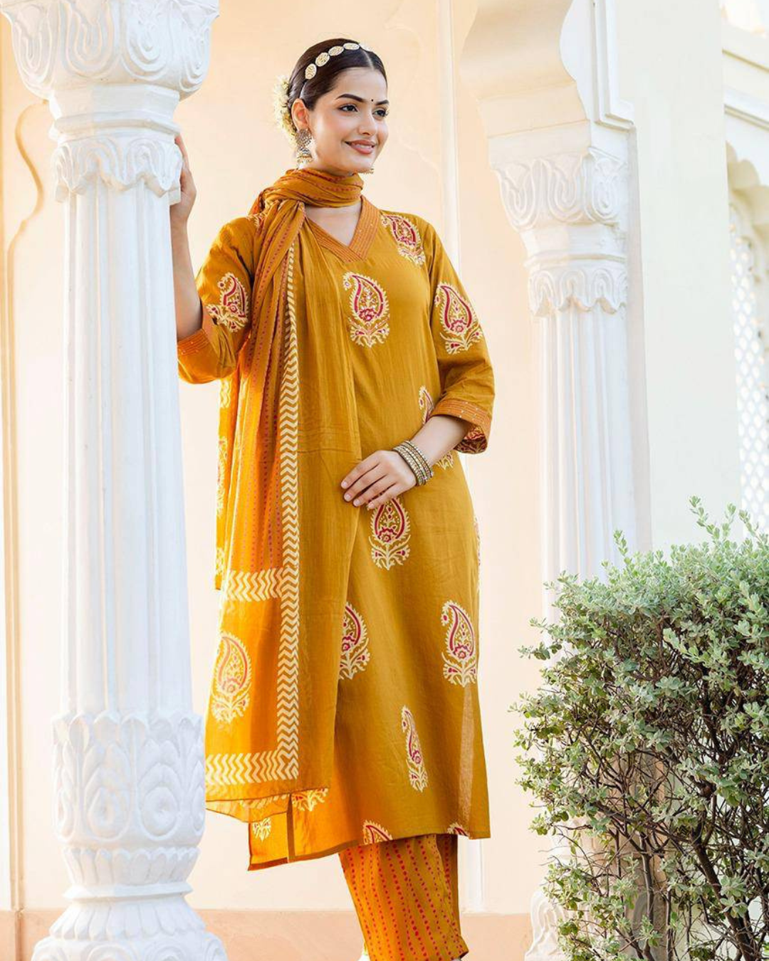 Traditional yet modern mustard kurta set for women, ideal for cultural and festive celebrations