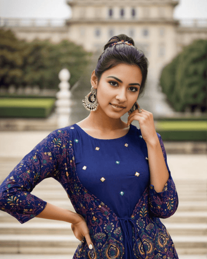 Traditional paisley-printed Anarkali kurta for women, crafted from soft rayon fabric with a sophisticated jacket for a layered effect.