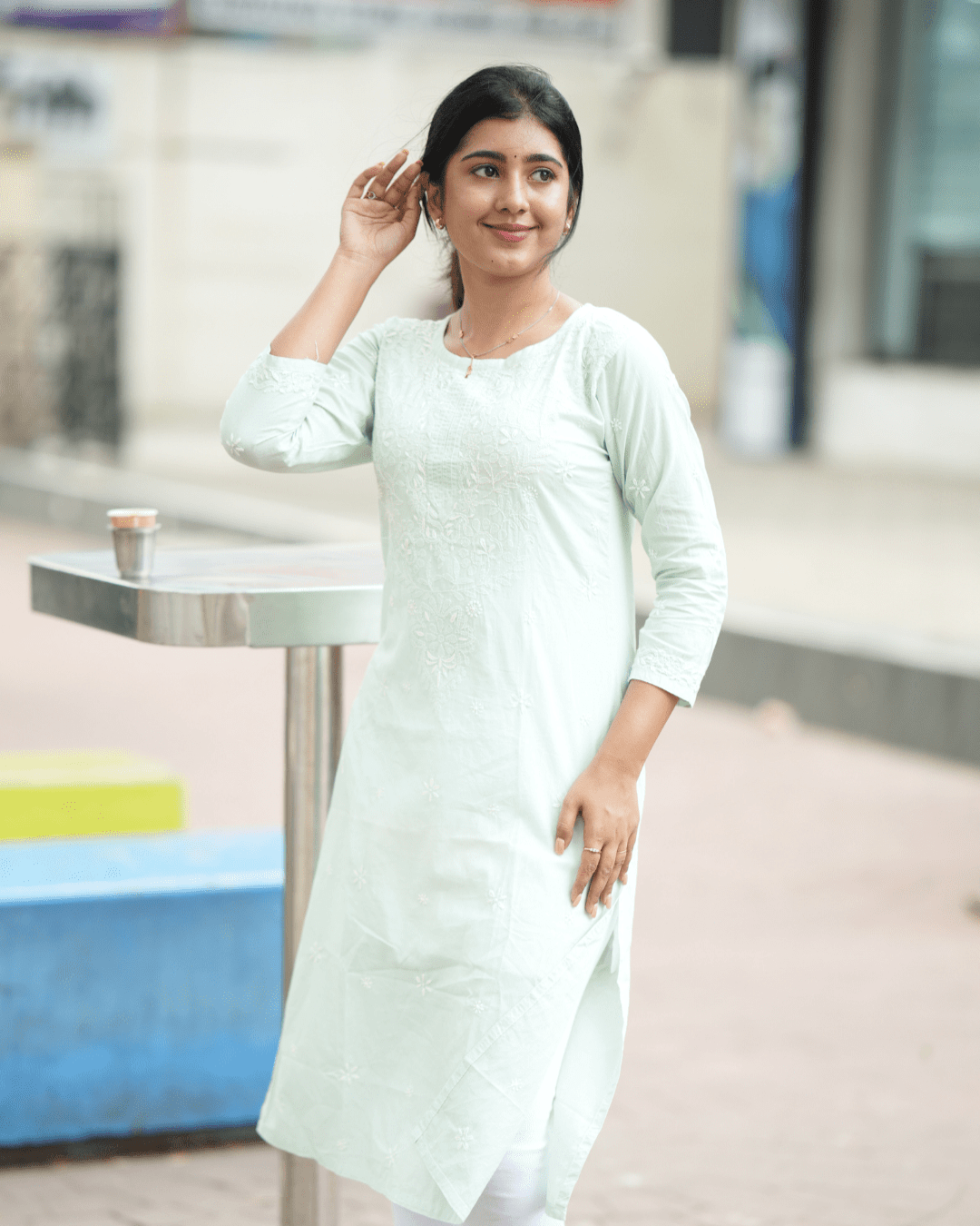 Teal Chikankari Cotton Kurta Online, featuring exquisite hand embroidery and soft breathable fabric, perfect for Indian women’s ethnic wear.