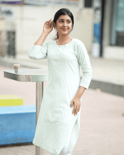 Teal Chikankari Cotton Kurta Online, featuring exquisite hand embroidery and soft breathable fabric, perfect for Indian women’s ethnic wear.
