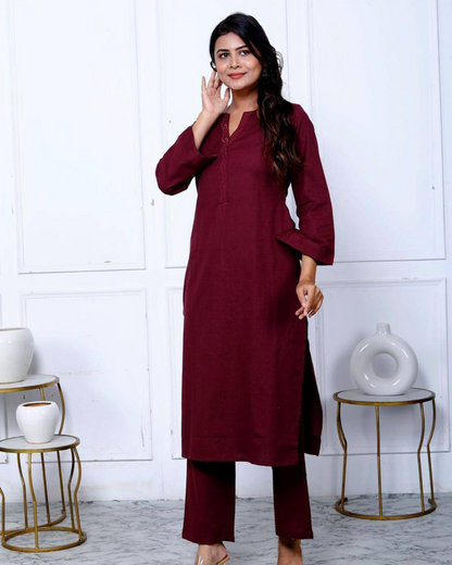 Pure cotton V-neck embroidered kurta set for women, designed for everyday elegance.