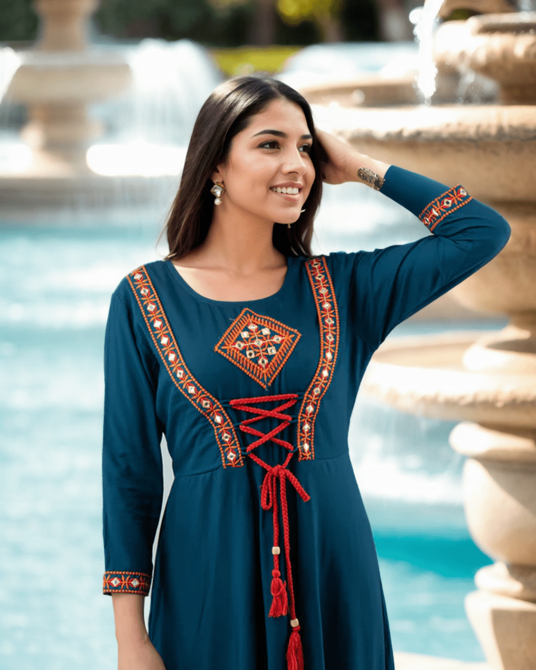 Elegant flared Anarkali kurta with intricate embroidery, a round neckline, and ¾ sleeves for comfort and style, available at Layas Marts