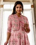 Floral Anarkali Kurta with matching long jacket, crafted in Jaipur from soft cotton, featuring a trendy floral print and elegant silhouette.
