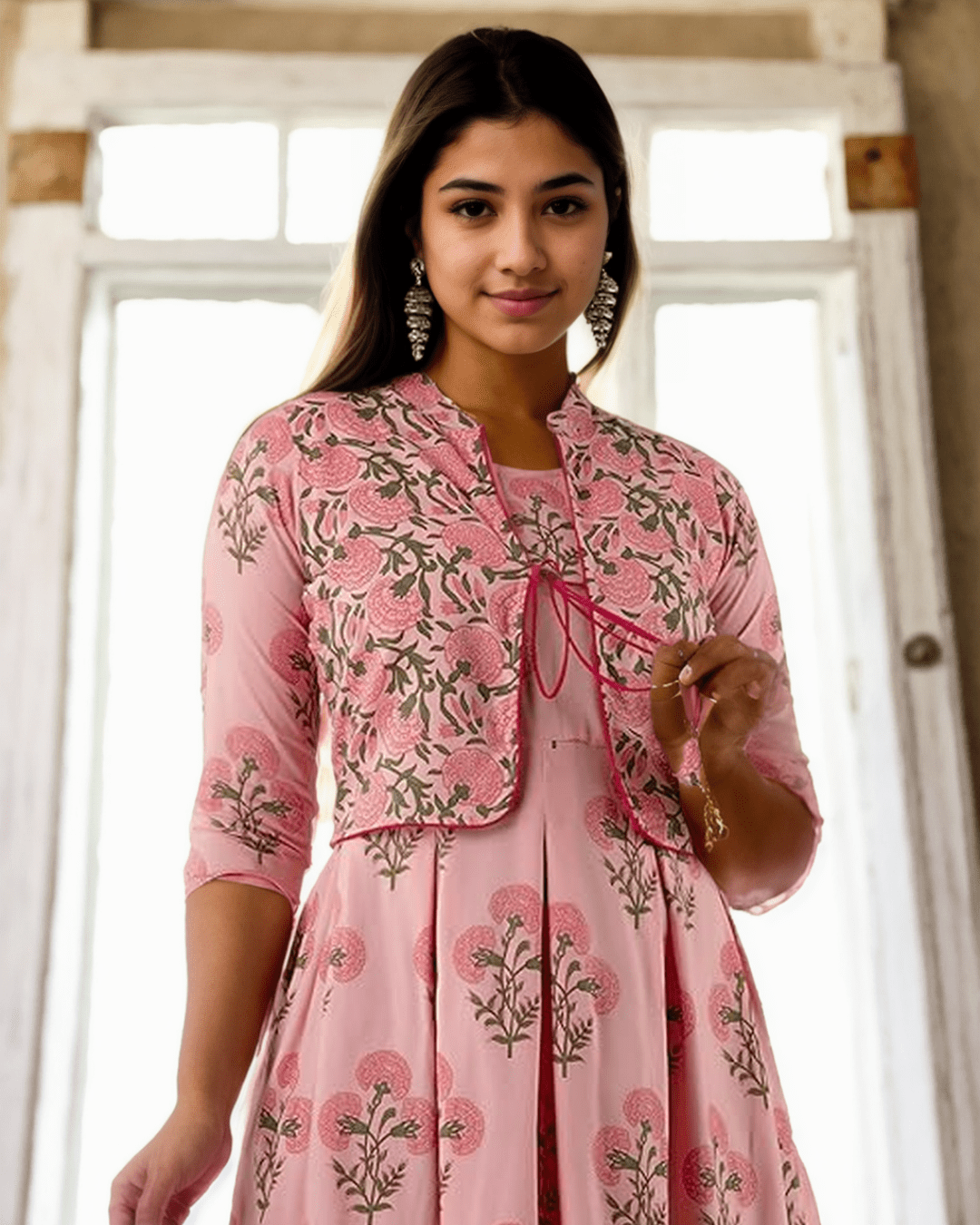 Floral Anarkali Kurta with matching long jacket, crafted in Jaipur from soft cotton, featuring a trendy floral print and elegant silhouette.