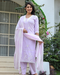 Floral Lavender Thread Work Cotton Kurta Set with Dupatta, featuring delicate embroidery and lacework