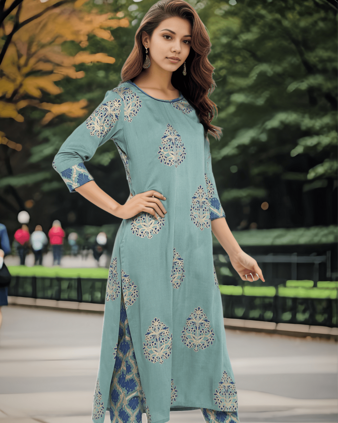 Foil-printed rayon kurta set featuring a narrow-fit pant and classic straight silhouette, ideal for casual and office wear.