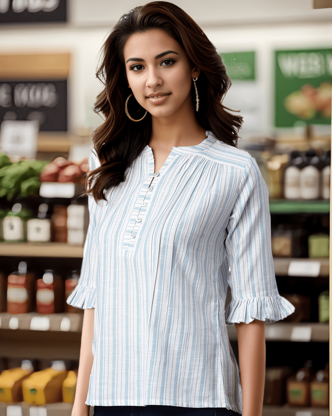 Frill detailing on 3/4th sleeves of White Cotton Striped Casual Top, perfect for modern casual wear, available at Layas Marts