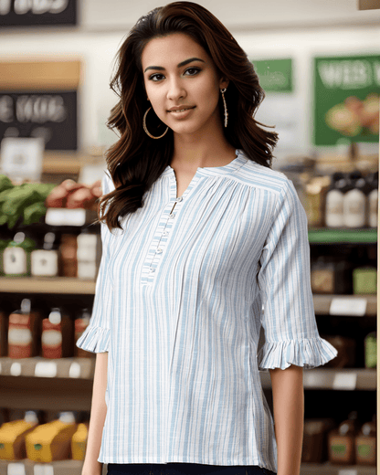 Frill detailing on 3/4th sleeves of White Cotton Striped Casual Top, perfect for modern casual wear, available at Layas Marts