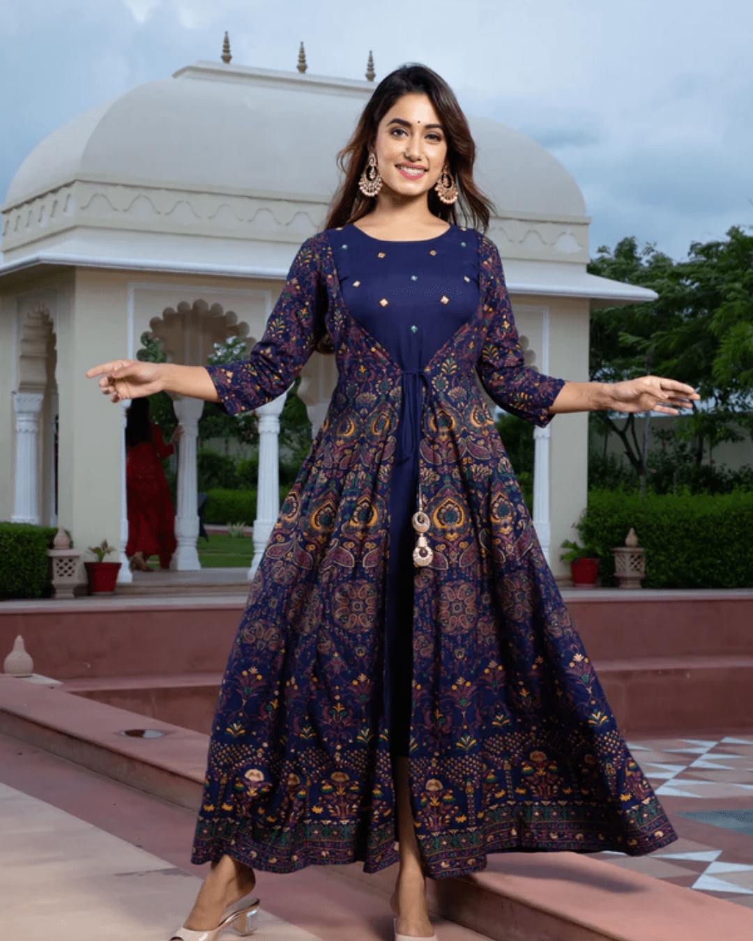 Handcrafted Jaipur Anarkali Kurta with a regal paisley pattern, perfect for festive celebrations, wedding functions, and cultural events.