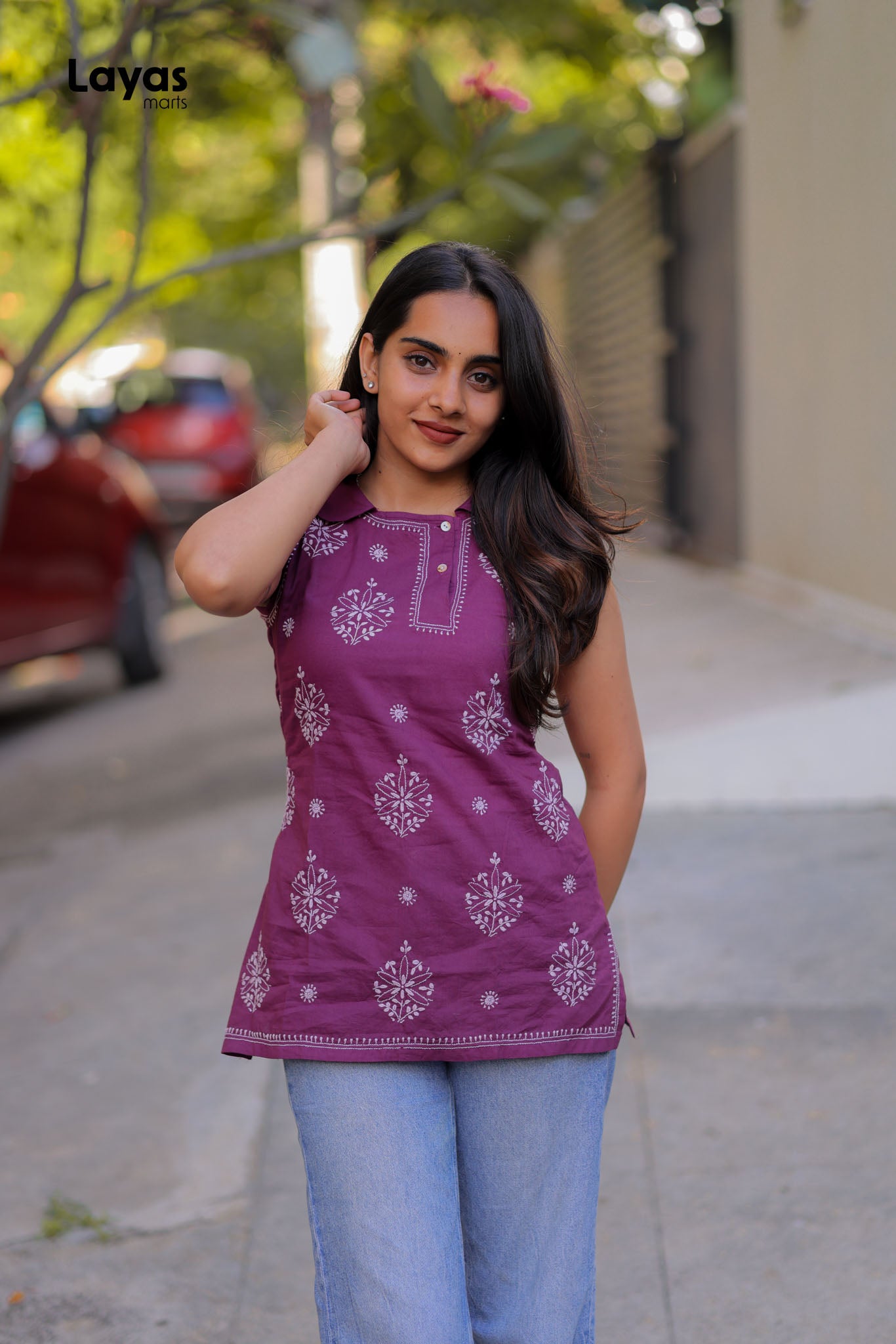 White handcrafted Chikankari embroidery on jamun purple cotton short kurta