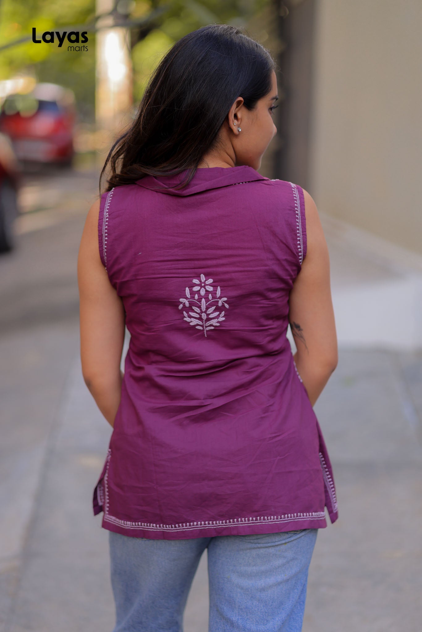 Jamun purple cotton sleeveless Chikankari short kurta  for women by Layas Marts