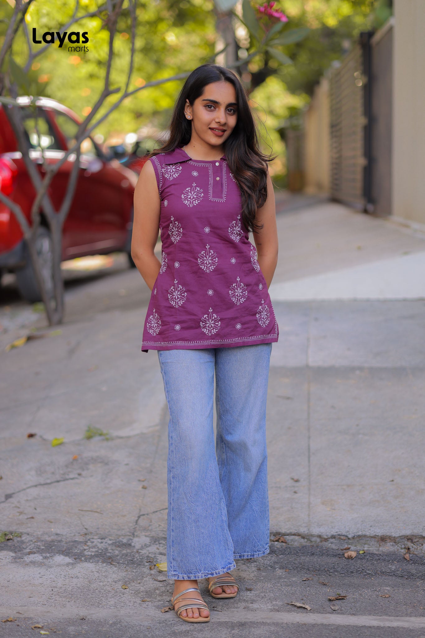 Jamun purple cotton sleeveless Chikankari short kurta  for women by Layas Marts