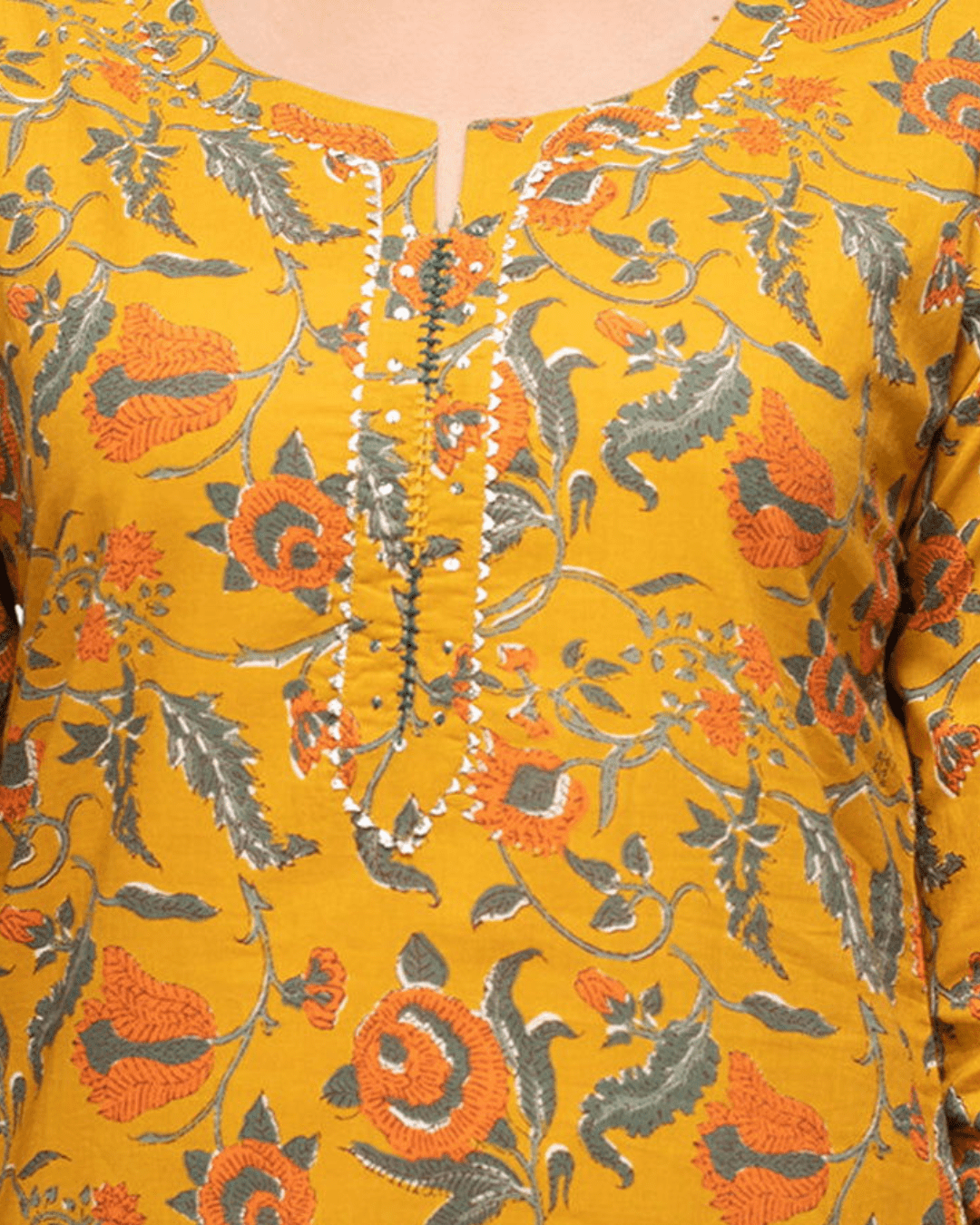 Close-up of intricate kangoora lace and threadwork detail on Yellow Floral Kurta, exclusively from Layas Marts.