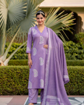 Lavender Cotton Handblock Print Kurta Set with Dupatta, featuring embroidery and a V-neckline
