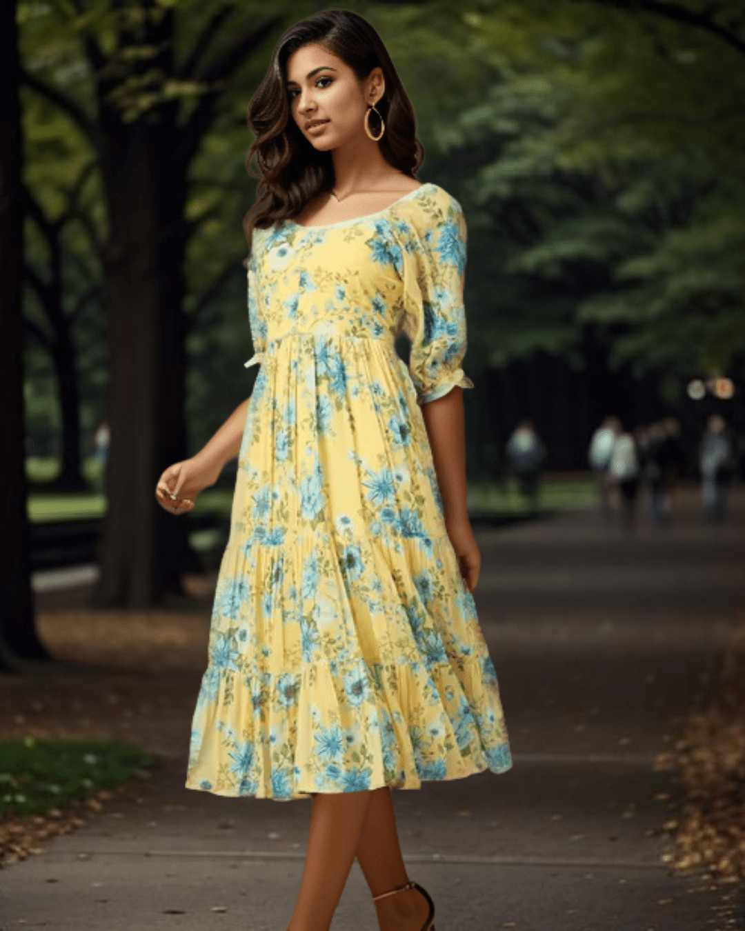 Chic Yellow Floral Georgette Midi Dress styled with block heels and accessories, a perfect outfit for Indian women’s fashion trends, available at Layas Marts