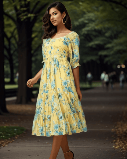 Chic Yellow Floral Georgette Midi Dress styled with block heels and accessories, a perfect outfit for Indian women’s fashion trends, available at Layas Marts