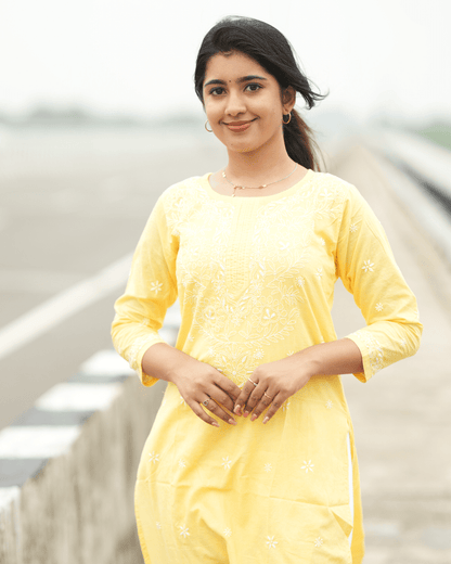 Lemon Yellow Chikankari Cotton Kurta with delicate Lucknowi embroidery, crafted for elegance and comfort